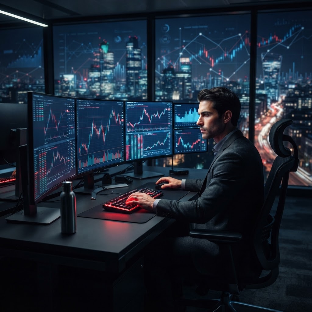 Un trader concentré devant ses écrans, illustrant la maîtrise de soi et la gestion émotionnelle en trading