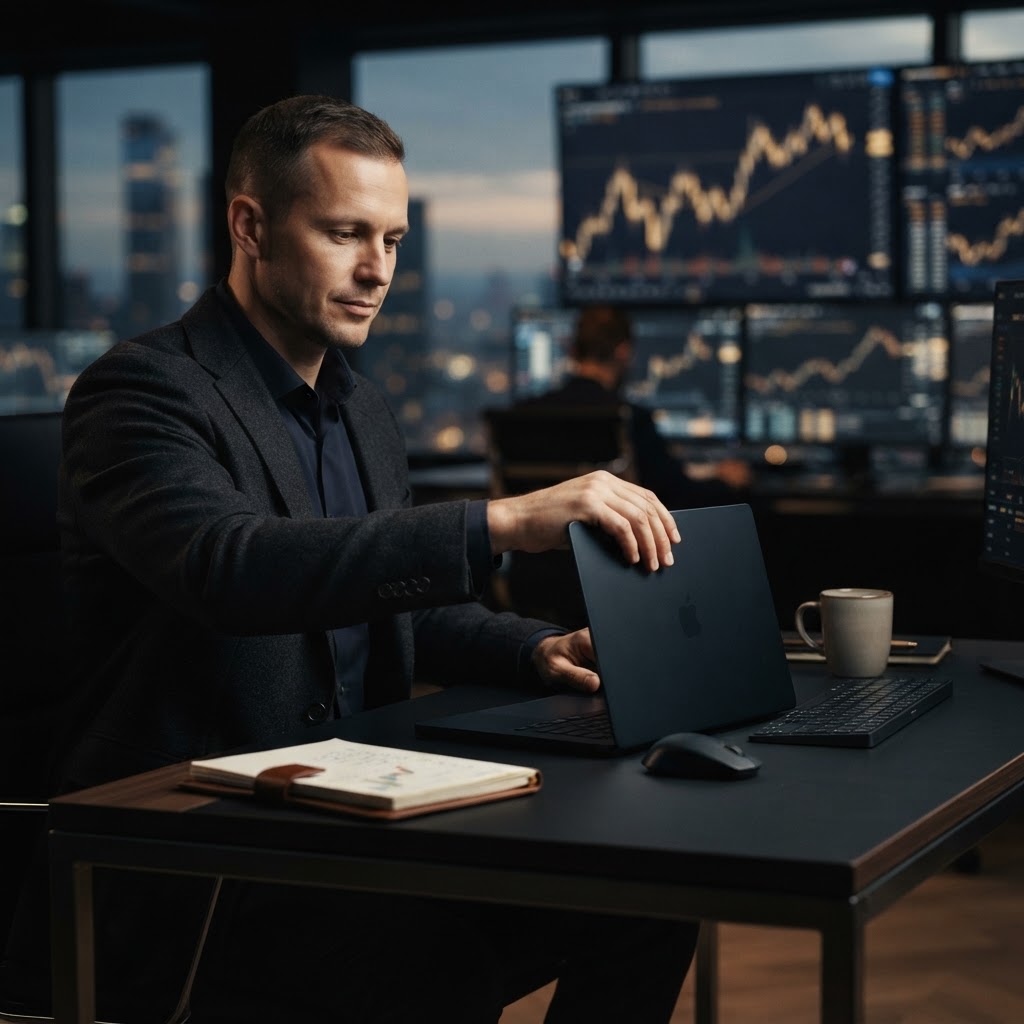Un trader professionnel ferme son ordinateur avec calme et sérénité après une séance de trading.