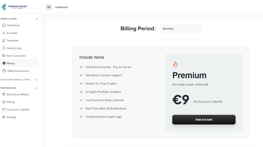 MirrorTrades dashboard - Billing Period Premium €9 per account