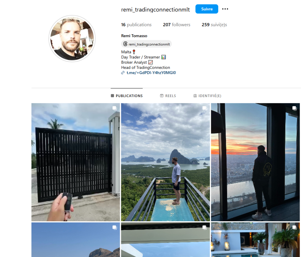 Profil Instagram de Rémi Tomasso (@remi_tradingconnectionmlt), Day Trader et Head of TradingConnection à Malte