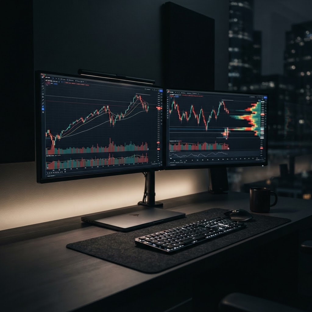 Poste de trading professionnel avec écrans affichant des graphiques boursiers