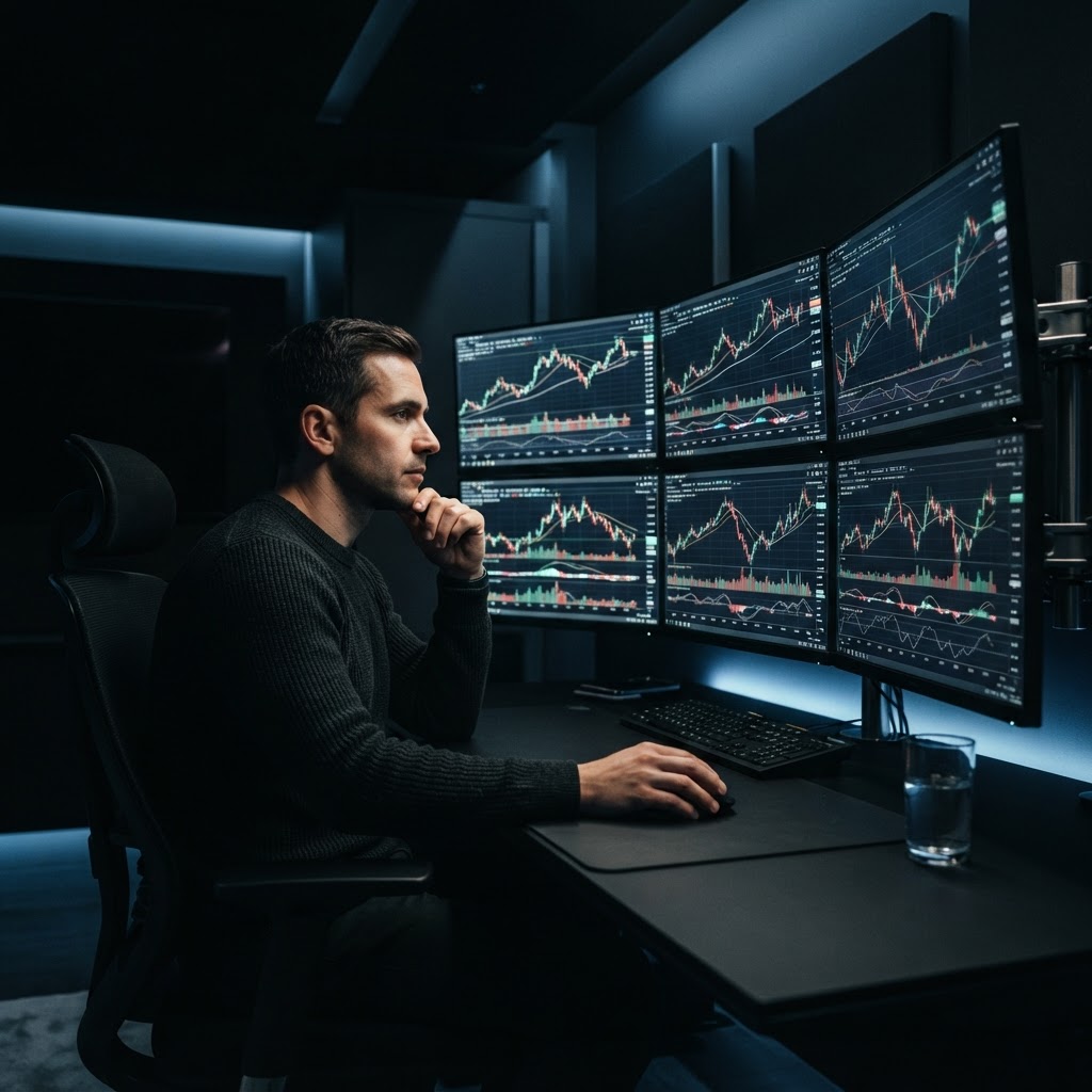 Trading professionnel analysant des graphiques boursiers sur plusieurs écrans pour une gestion du risque optimale.
