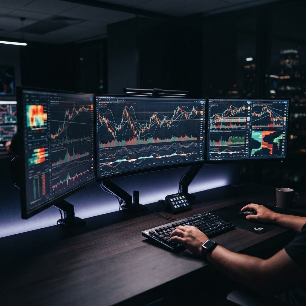 Espace de travail professionnel pour le trading avec écrans affichant des graphiques boursiers