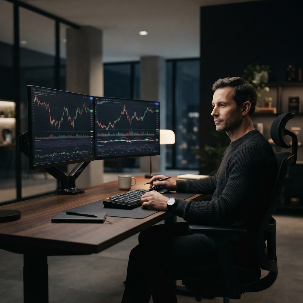 Trader professionnel travaillant sereinement dans un bureau moderne