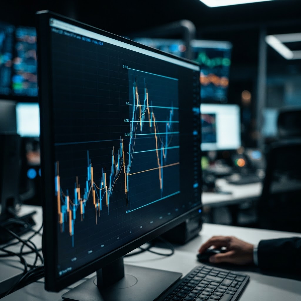 Graphique de trading professionnel affichant des niveaux de retracement de Fibonacci sur un écran d'ordinateur