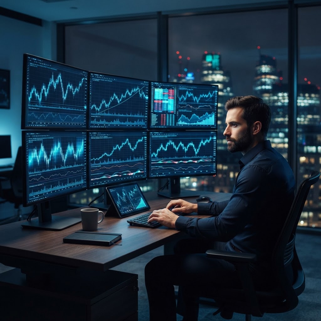 Ecrans de trading professionnels affichant des graphiques boursiers et des indices pour une analyse technique.
