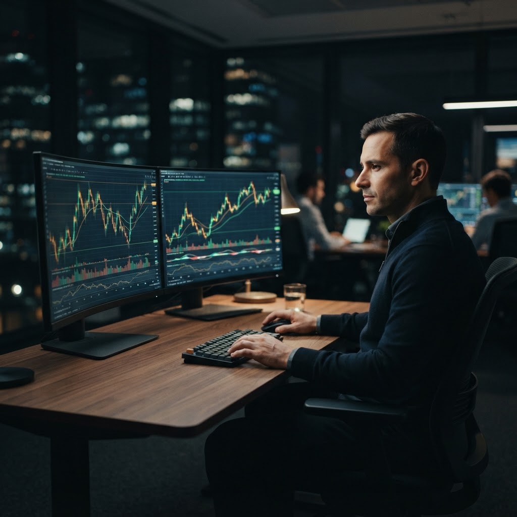 Un trader professionnel analysant des graphiques boursiers sur plusieurs écrans