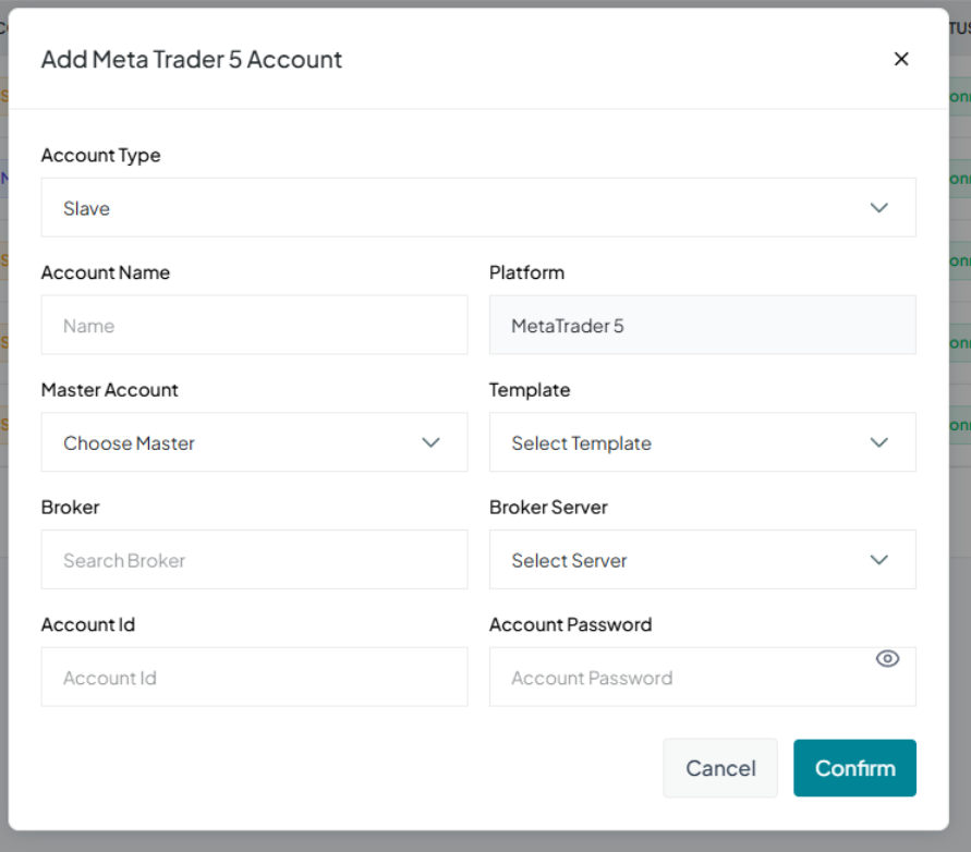 MirrorTrades - Add MetaTrader 5 Account form
