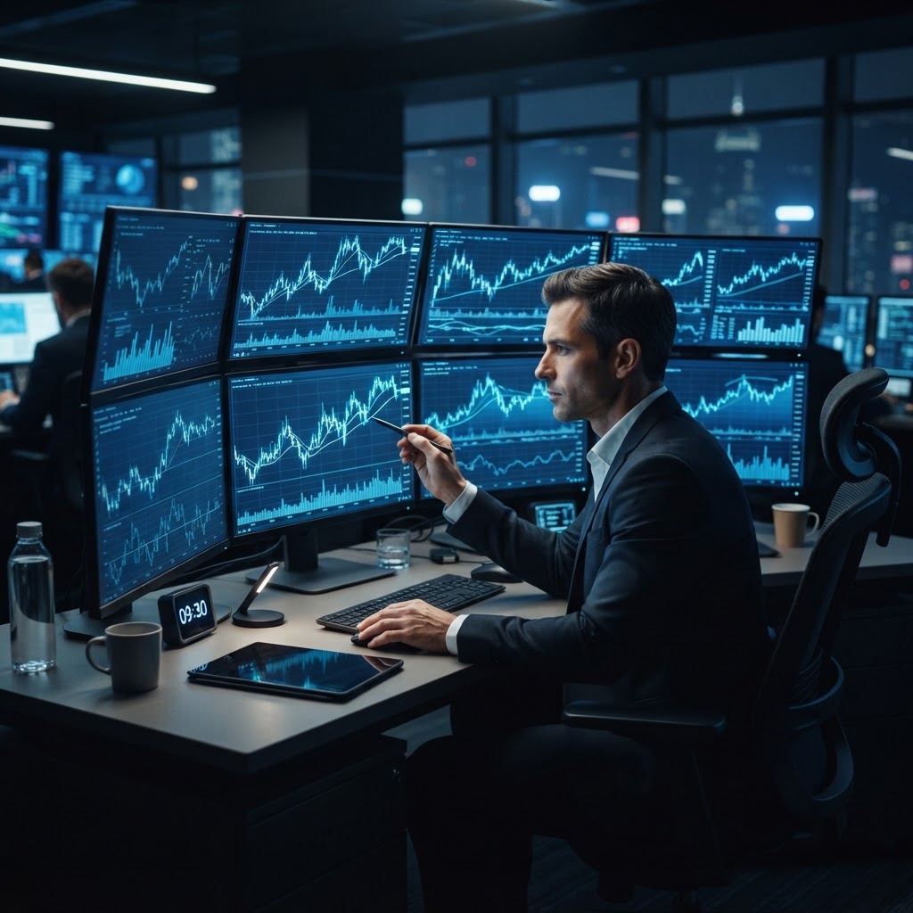 Un trader professionnel analysant des graphiques et des données dans un environnement moderne de trading.