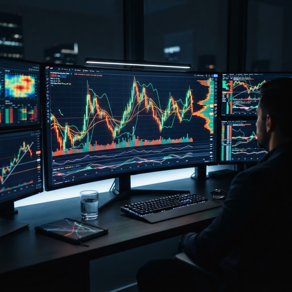 Interface de trading professionnelle montrant des graphiques financiers volatils