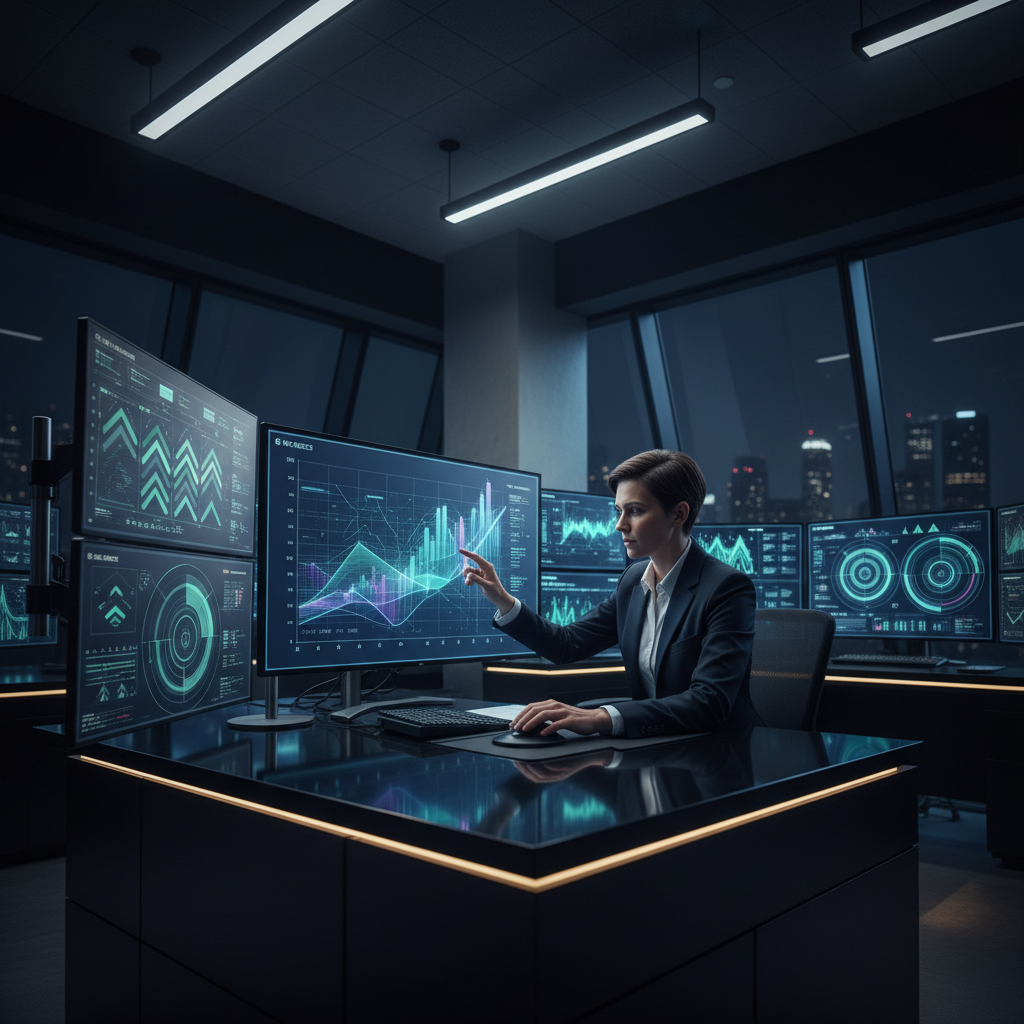 Bureau de trading professionnel avec un trader analysant des données sur des écrans