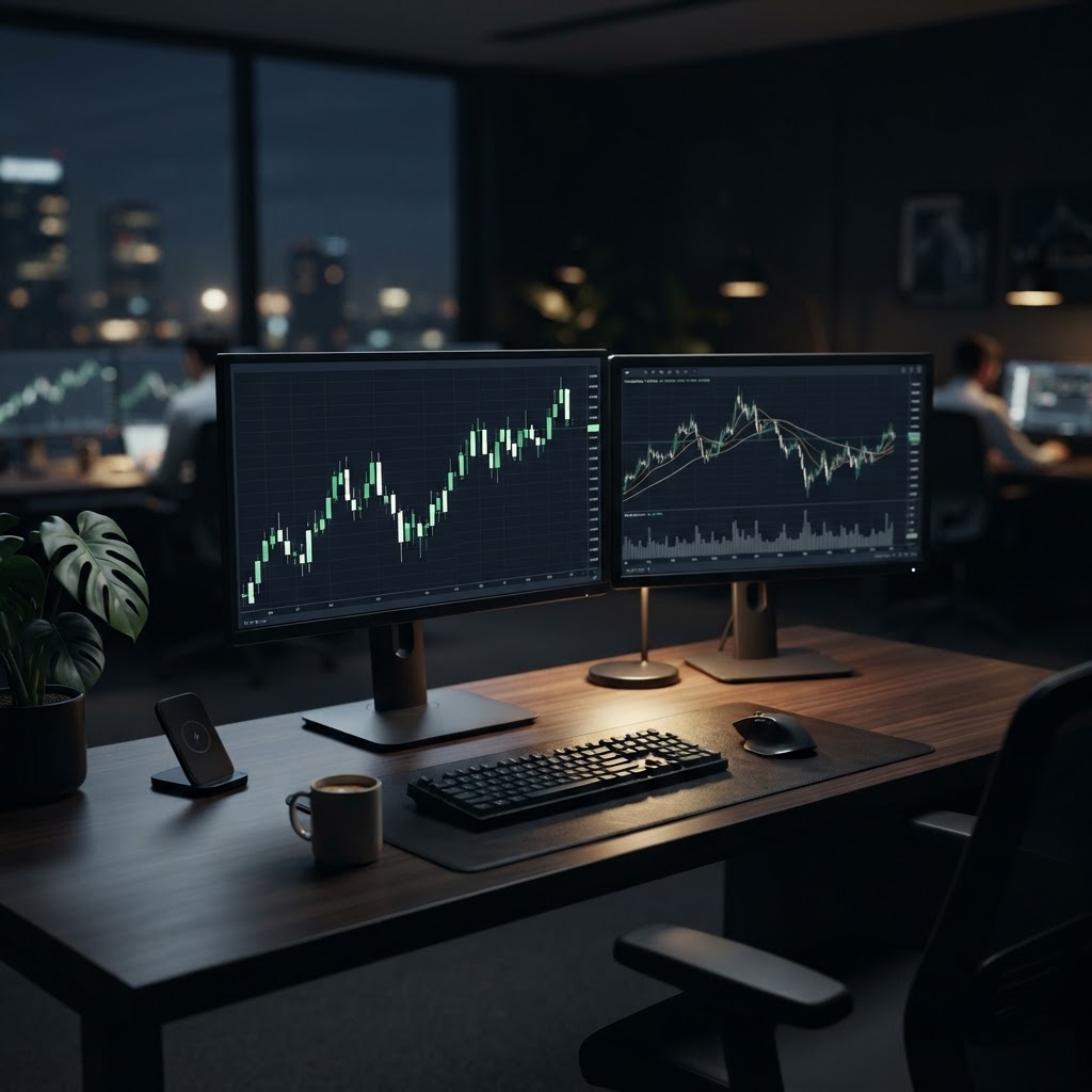 Un environnement de trading calme et professionnel favorisant la réflexion et la patience.