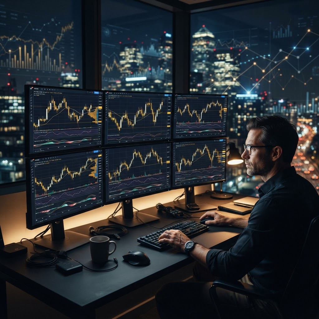 Ecrans de trading affichant des graphiques boursiers de l'or et du pétrole dans un environnement professionnel.