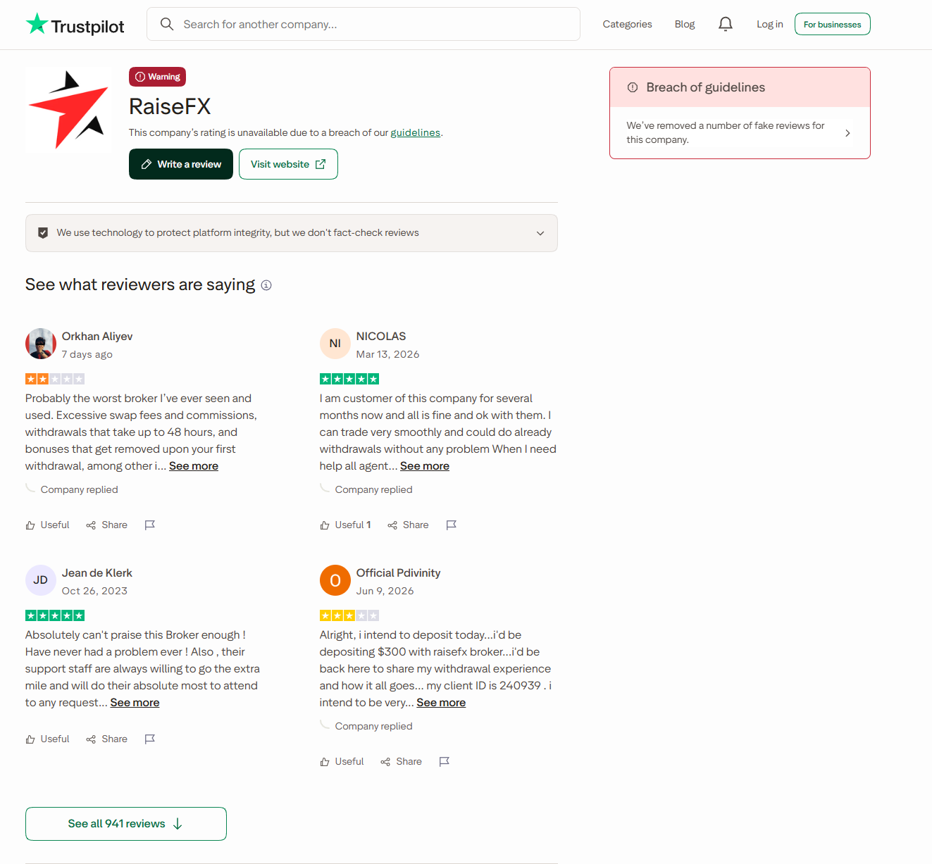 Profil Trustpilot de RaiseFX affichant l'avertissement Breach of guidelines et la suppression de faux avis