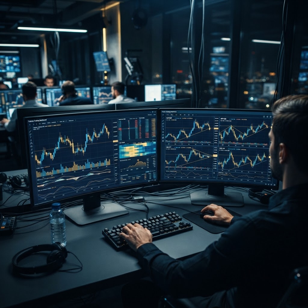Comparaison visuelle entre interface de trading Futures et CFD sur des écrans professionnels