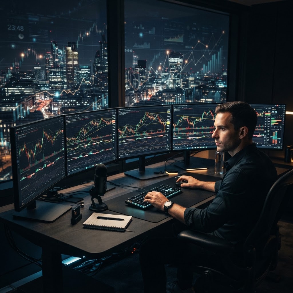 Écrans de trading affichant des graphiques d'indices boursiers et d'actions dans un environnement professionnel.