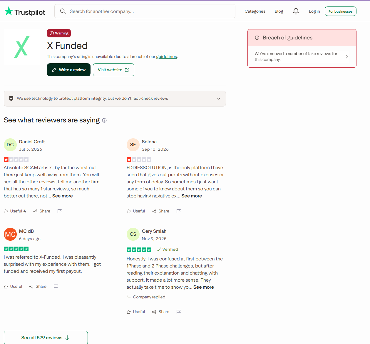 Profil Trustpilot de X Funded affichant l'avertissement Breach of guidelines et la suppression de faux avis
