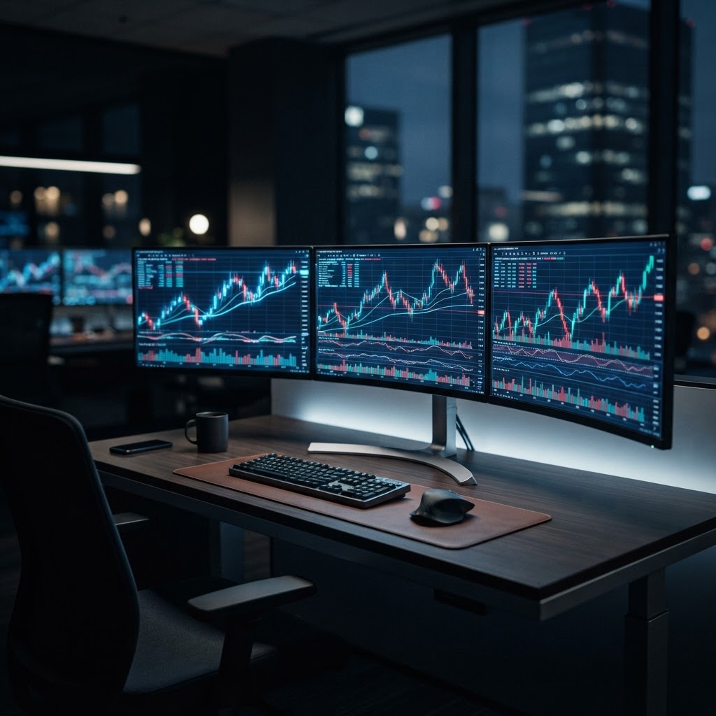 Espace de travail de trader professionnel avec des graphiques financiers sur plusieurs écrans