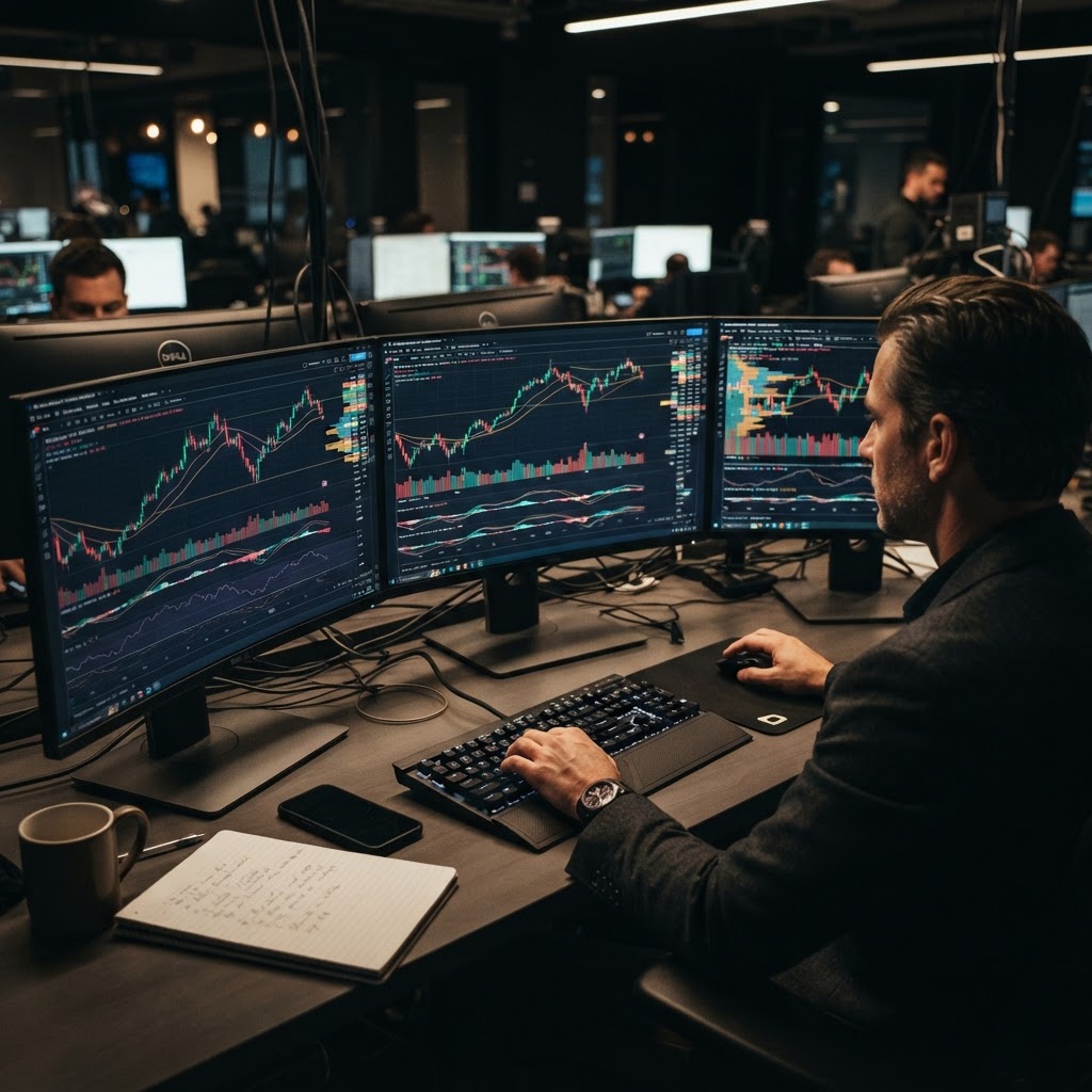 Trading station professionnelle avec écrans montrant des graphiques financiers