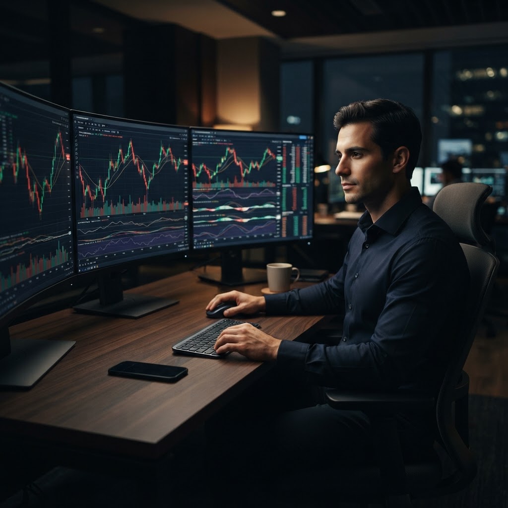 Un trader professionnel concentré devant ses écrans de trading dans un environnement calme et épuré.