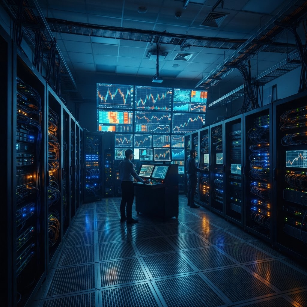 Salle de serveurs moderne avec écrans de données financières, infrastructure technologique de trading