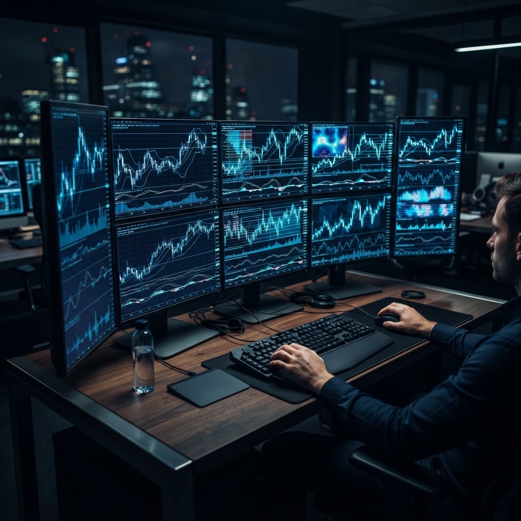Un bureau de trading professionnel avec des écrans affichant des graphiques financiers et un calendrier économique