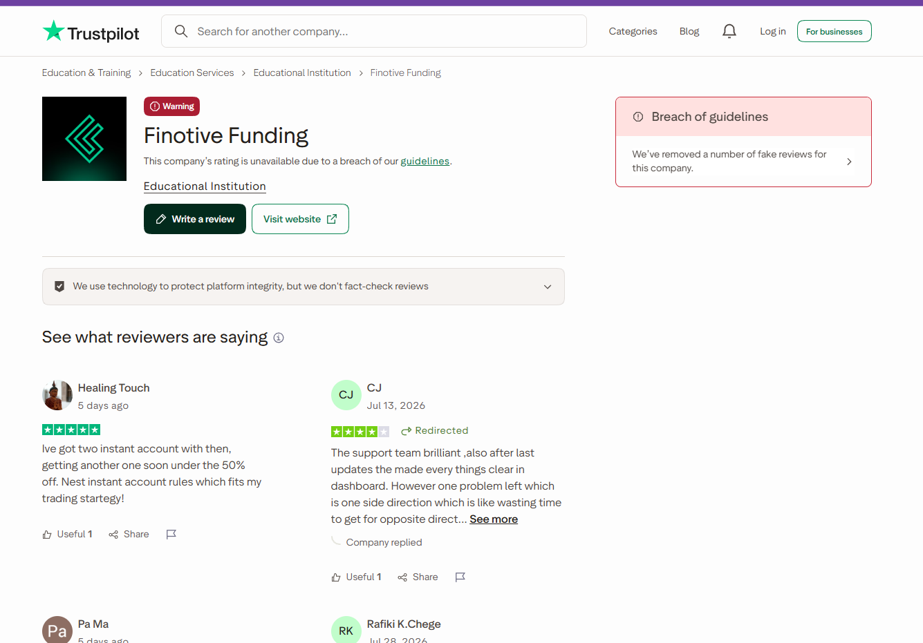 Profil Trustpilot de Finotive Funding affichant l'avertissement Breach of guidelines et la suppression de faux avis