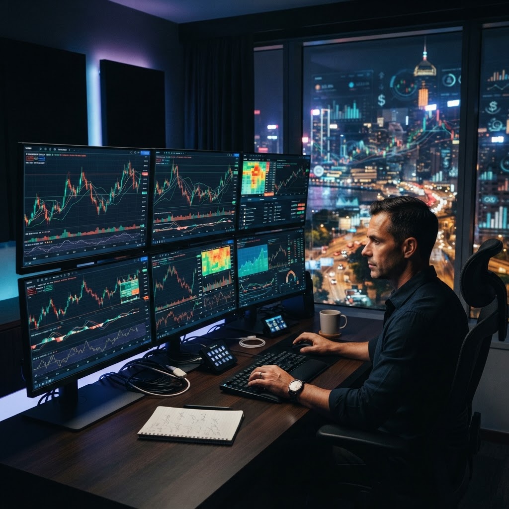 Espace de travail professionnel de trading avec des écrans affichant des graphiques financiers