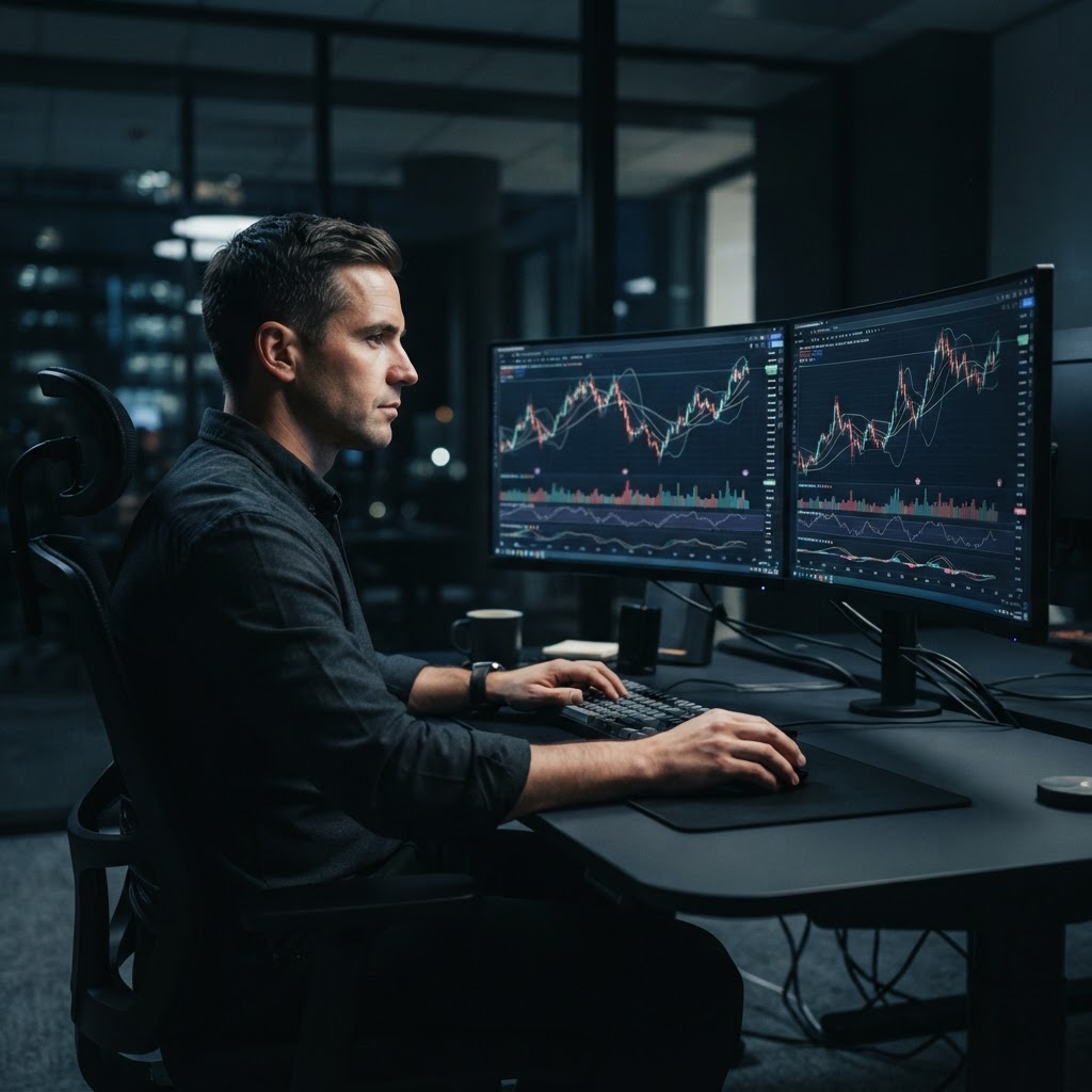 Trader professionnel analysant des graphiques financiers dans un bureau moderne.