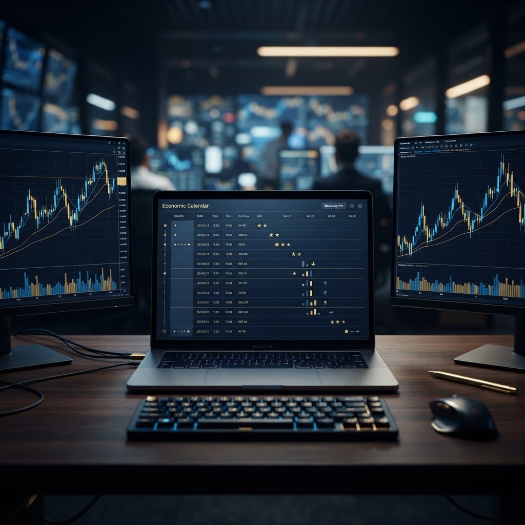 Un écran d'ordinateur affichant un calendrier économique professionnel pour le trading
