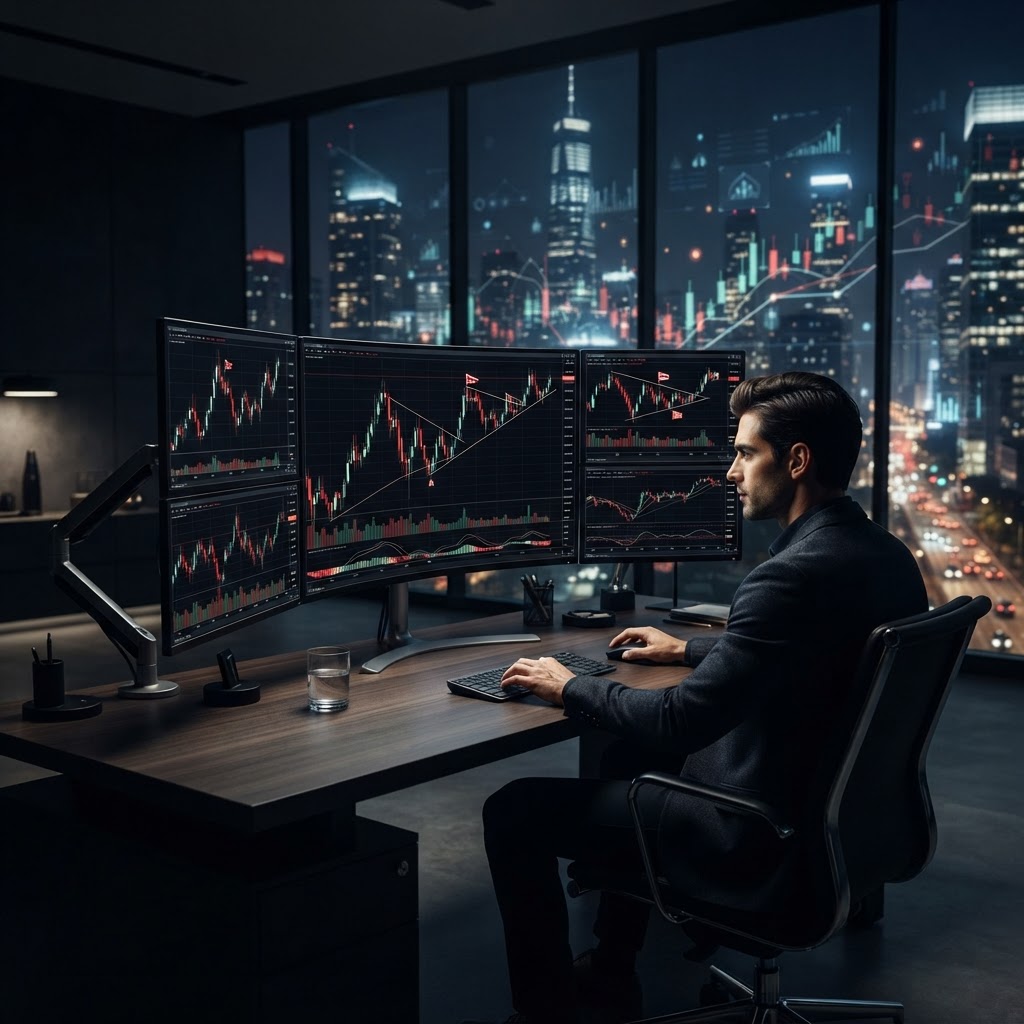Un bureau de trading professionnel affichant des graphiques boursiers avec des figures chartistes sur plusieurs écrans.