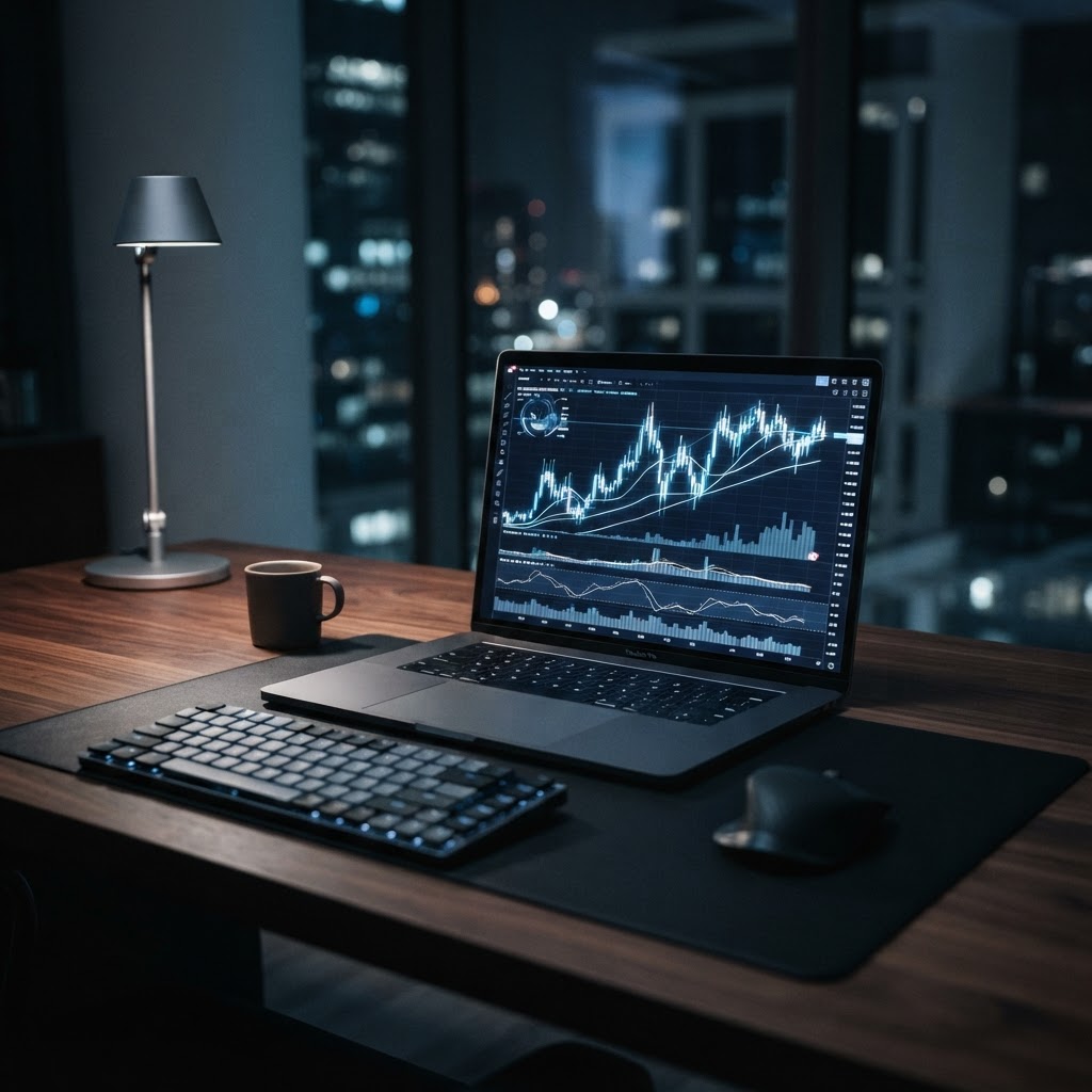 Un ordinateur portable affichant des graphiques boursiers sur un bureau professionnel pour illustrer la gestion du risque en trading.
