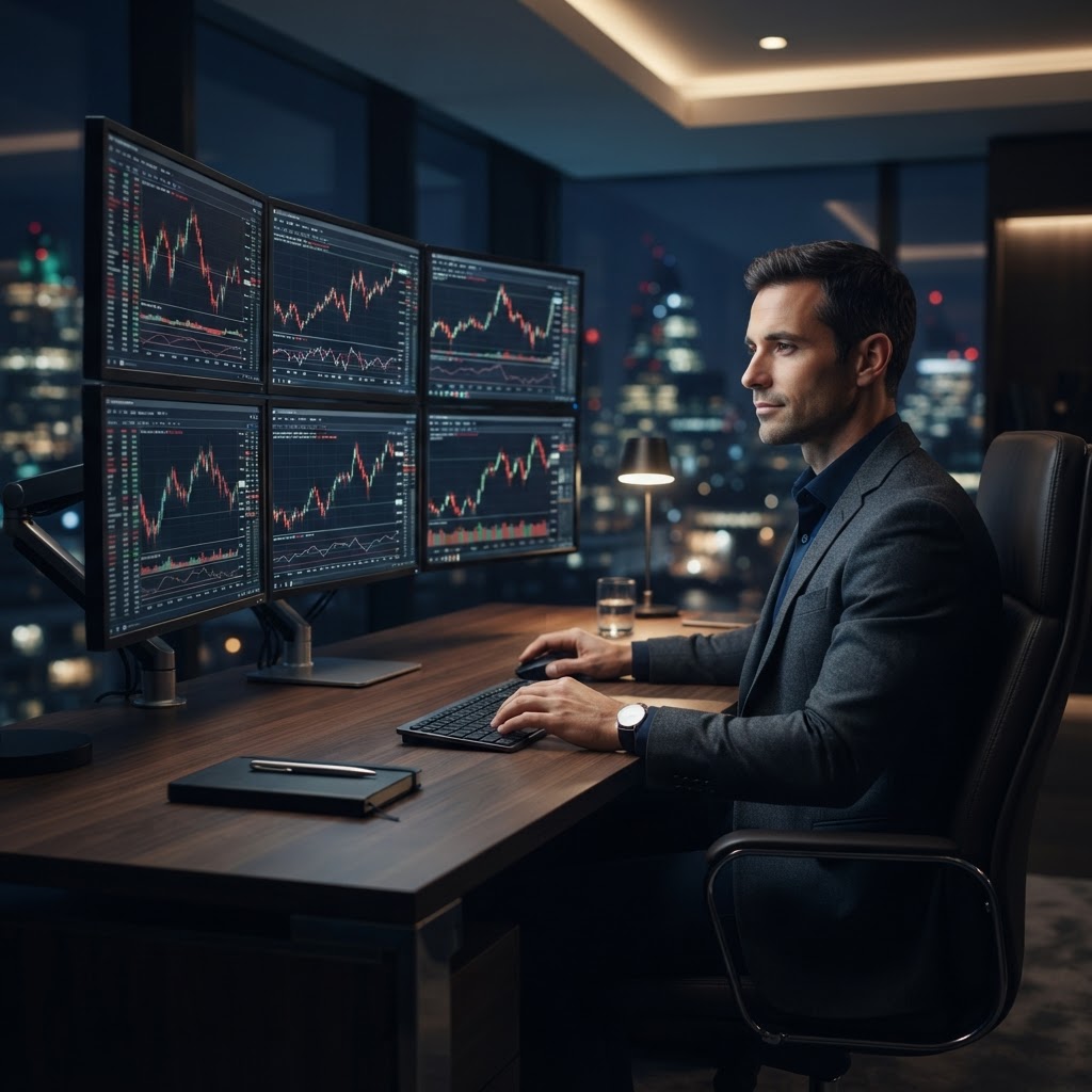 Un trader professionnel concentré sur ses graphiques dans un environnement calme et ordonné