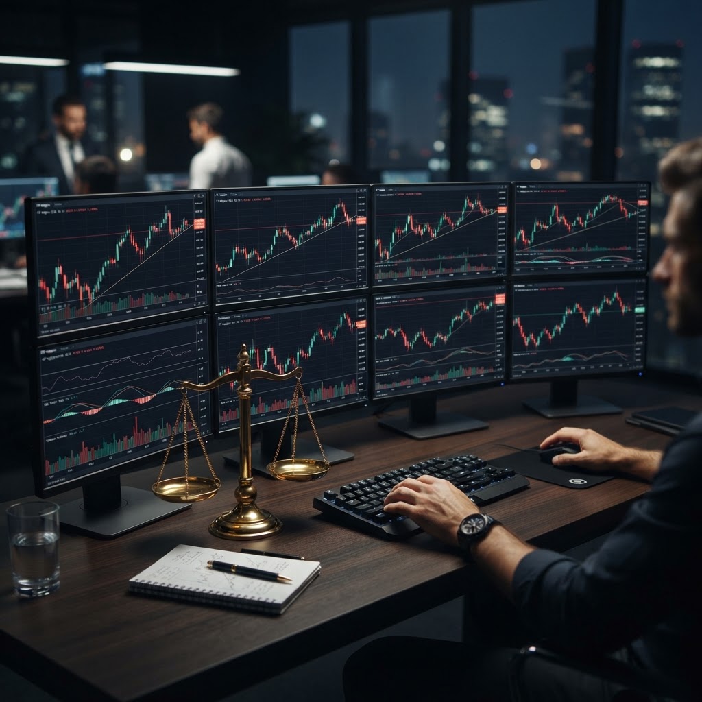 Bureau de trader professionnel avec des graphiques de marché boursier et une balance d'équilibre