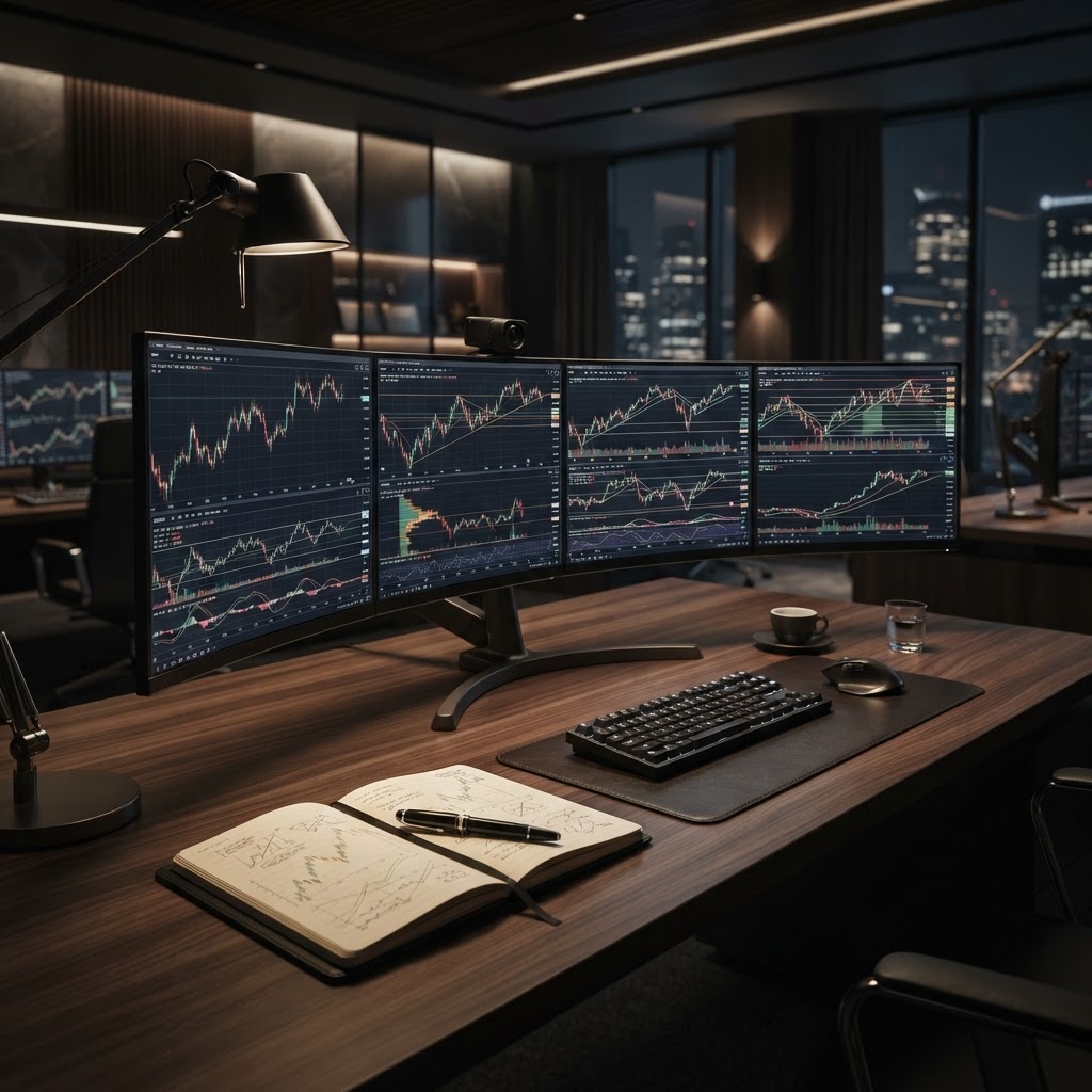 Un bureau de trader professionnel avec des graphiques boursiers et un journal de trading ouvert sur la table.