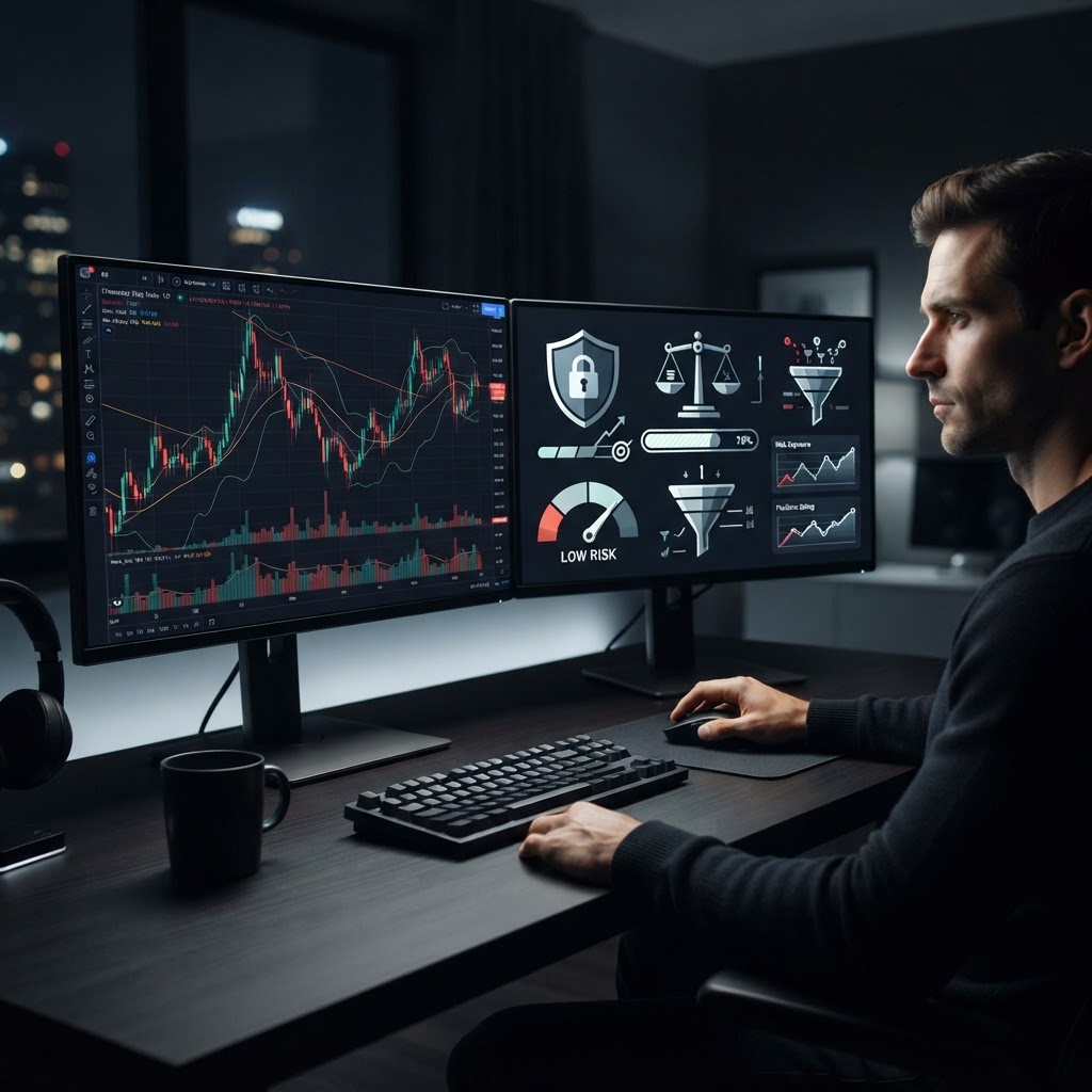 Interface de trading professionnelle illustrant la gestion du risque et le contrôle du drawdown.