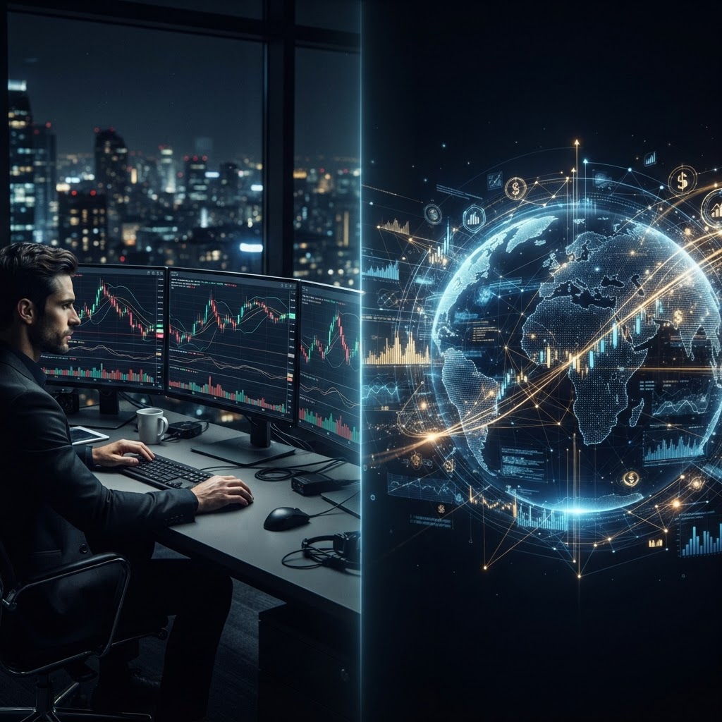 Illustration conceptuelle comparant le trading de Futures et de CFD sur écrans professionnels.