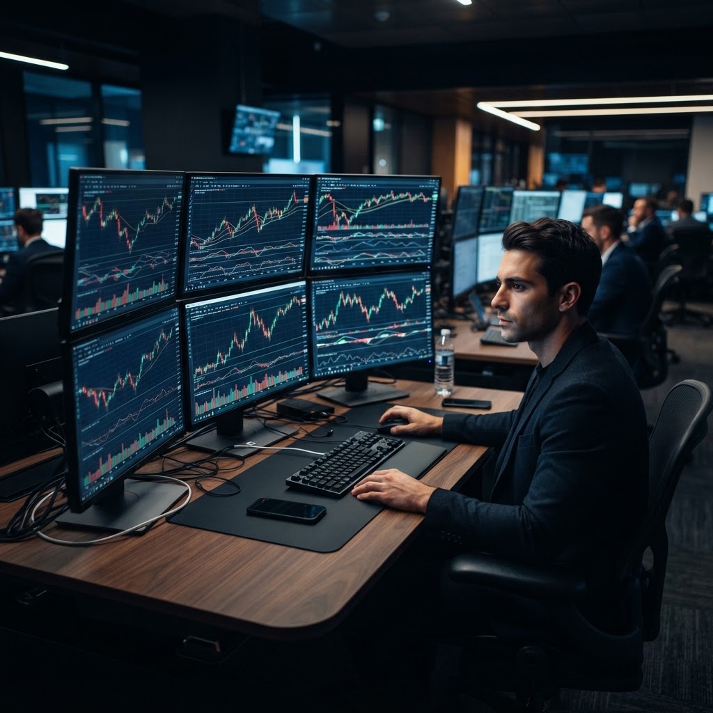 Écrans de trading affichant des graphiques techniques boursiers professionnels