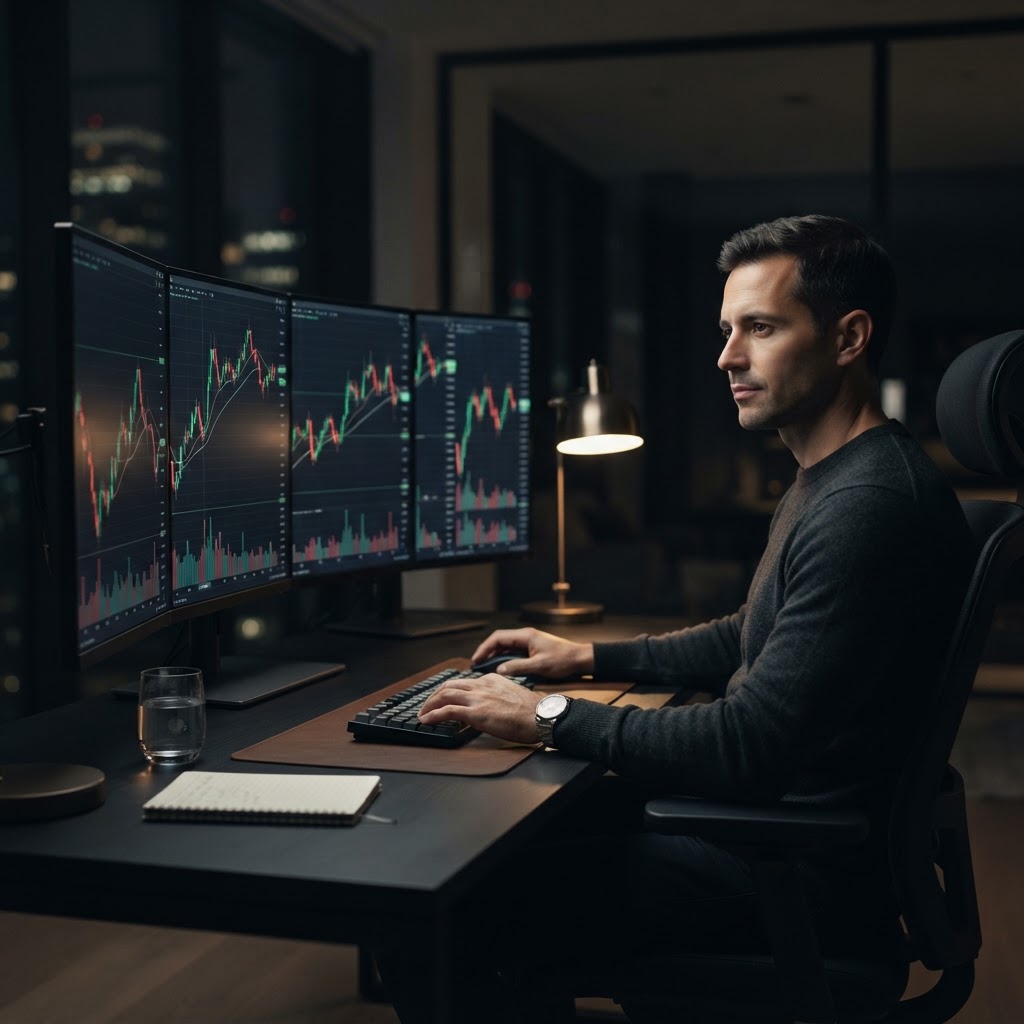 Un trader concentré travaillant dans un environnement calme et organisé