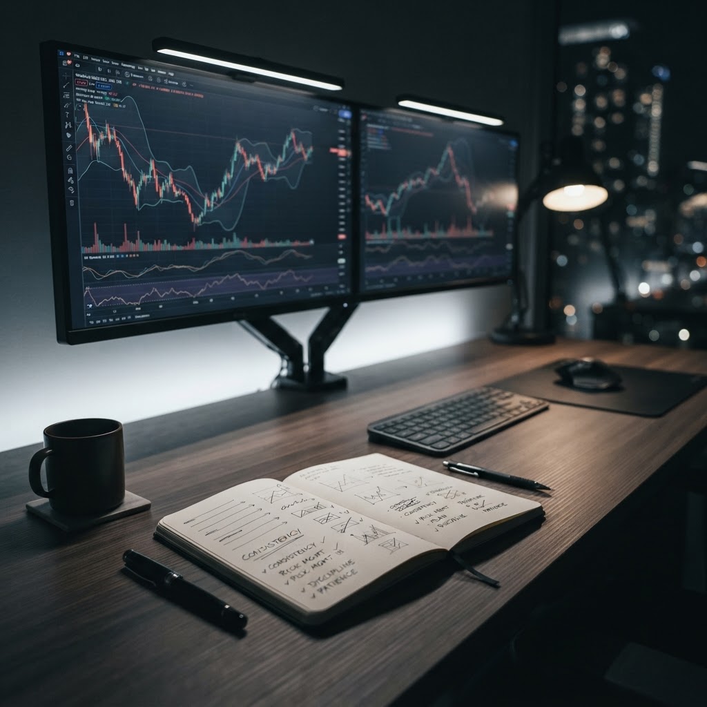 Espace de travail professionnel de trading avec graphiques et cahier d'objectifs