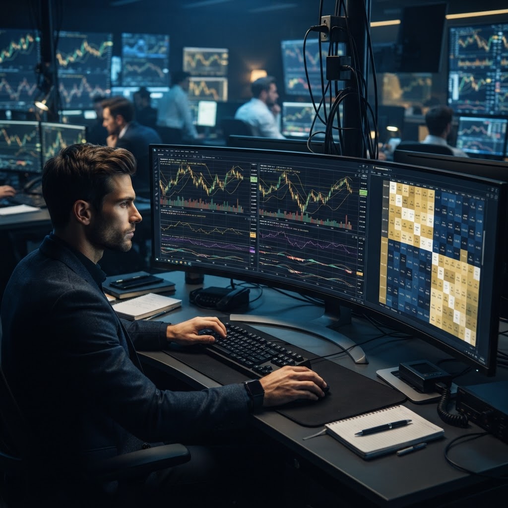 Tableaux de bord financiers affichant des graphiques de trading et matrices de corrélation