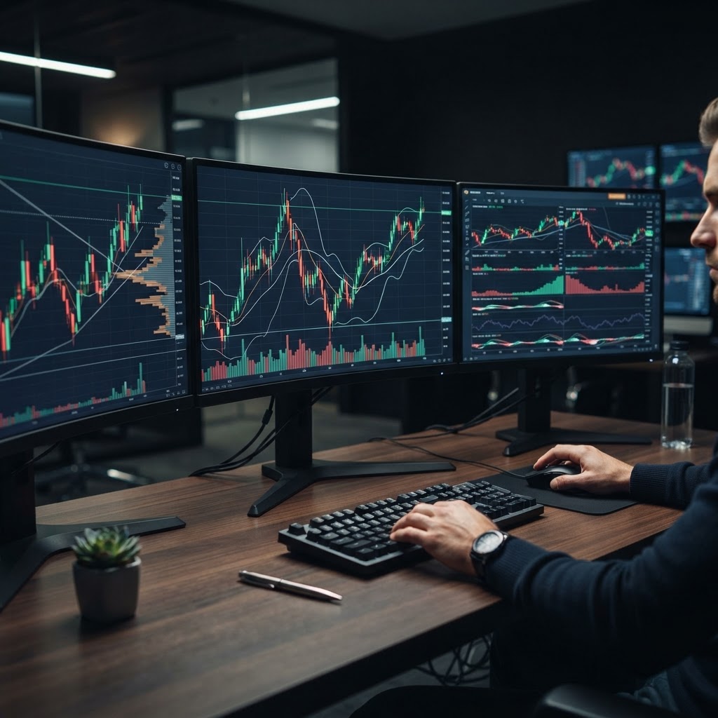 Ecrans de trading professionnels affichant des graphiques financiers pour analyser les marchés.