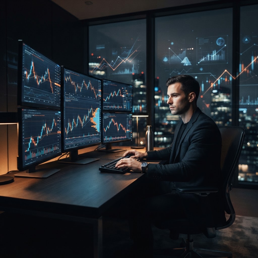 Un trader professionnel concentré devant plusieurs écrans d'analyse financière