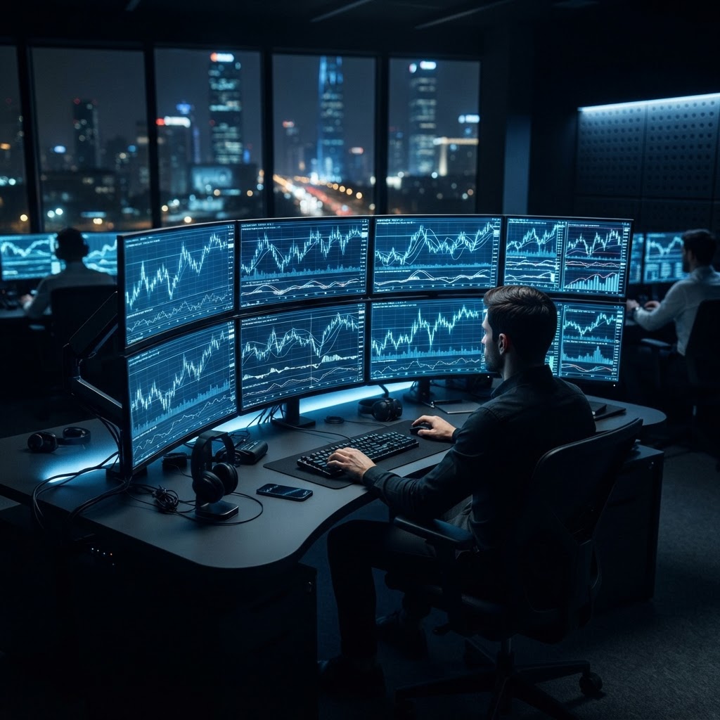 Espace de travail professionnel de trading montrant des graphiques boursiers et des indices