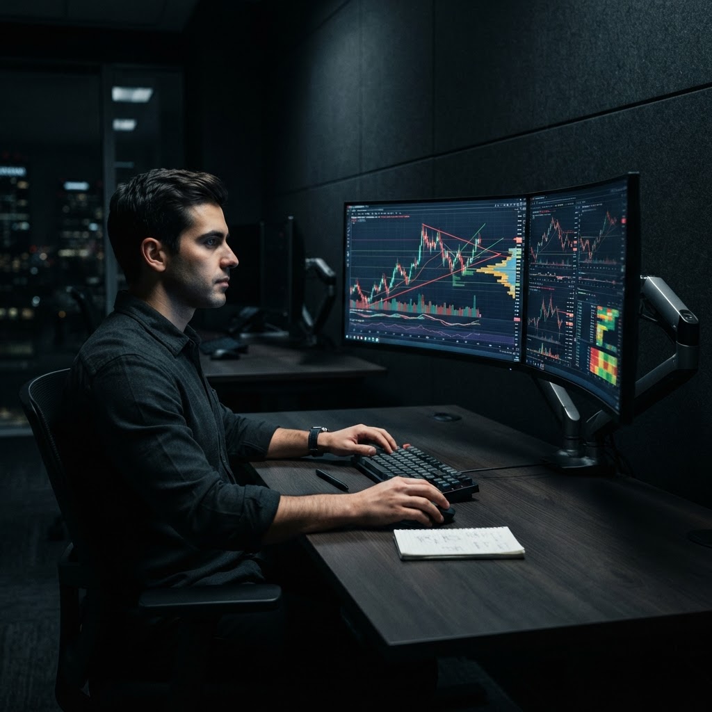 Un environnement de trading professionnel avec un trader analysant des graphiques sur plusieurs écrans.