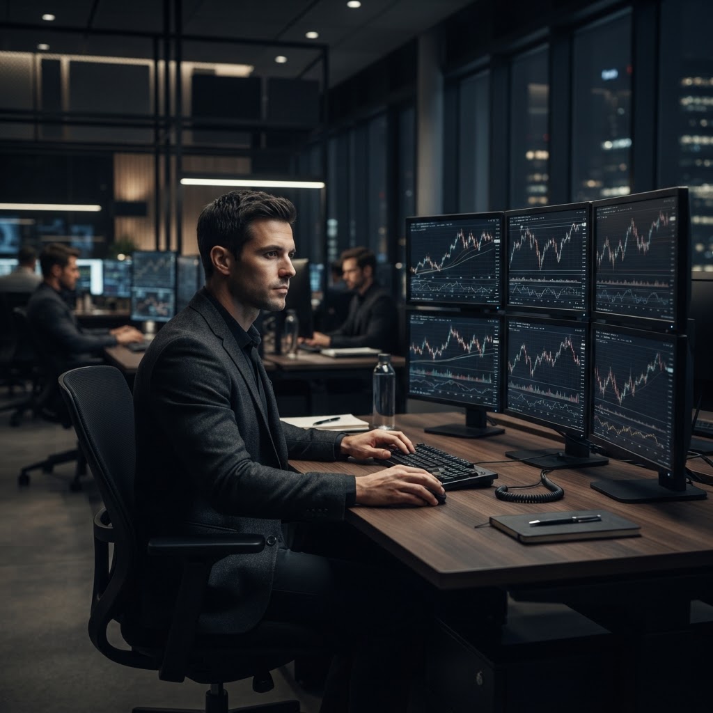 Un trader professionnel travaillant sur plusieurs écrans de graphiques boursiers dans un bureau moderne.