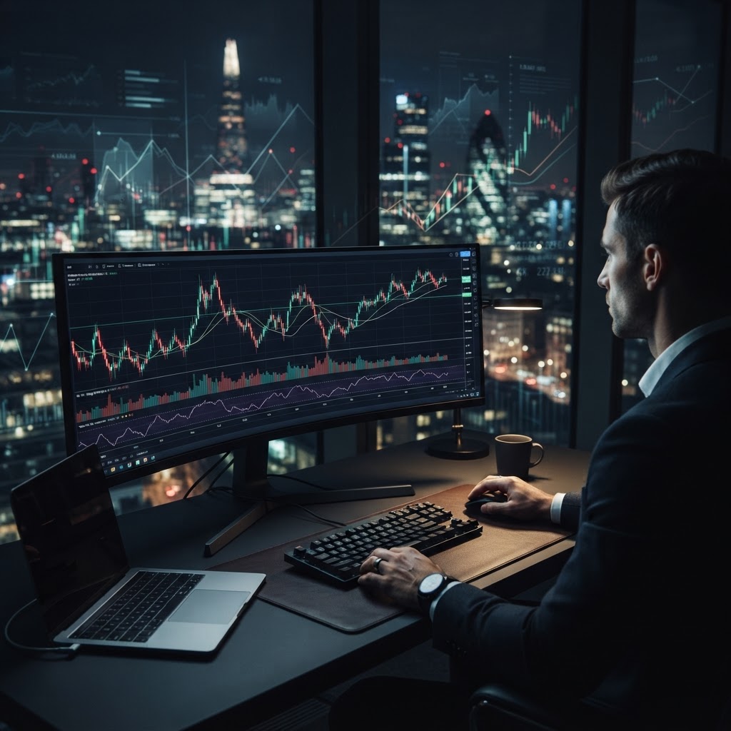 Un écran d'ordinateur affichant des graphiques de trading dans un environnement de bureau professionnel et serein.