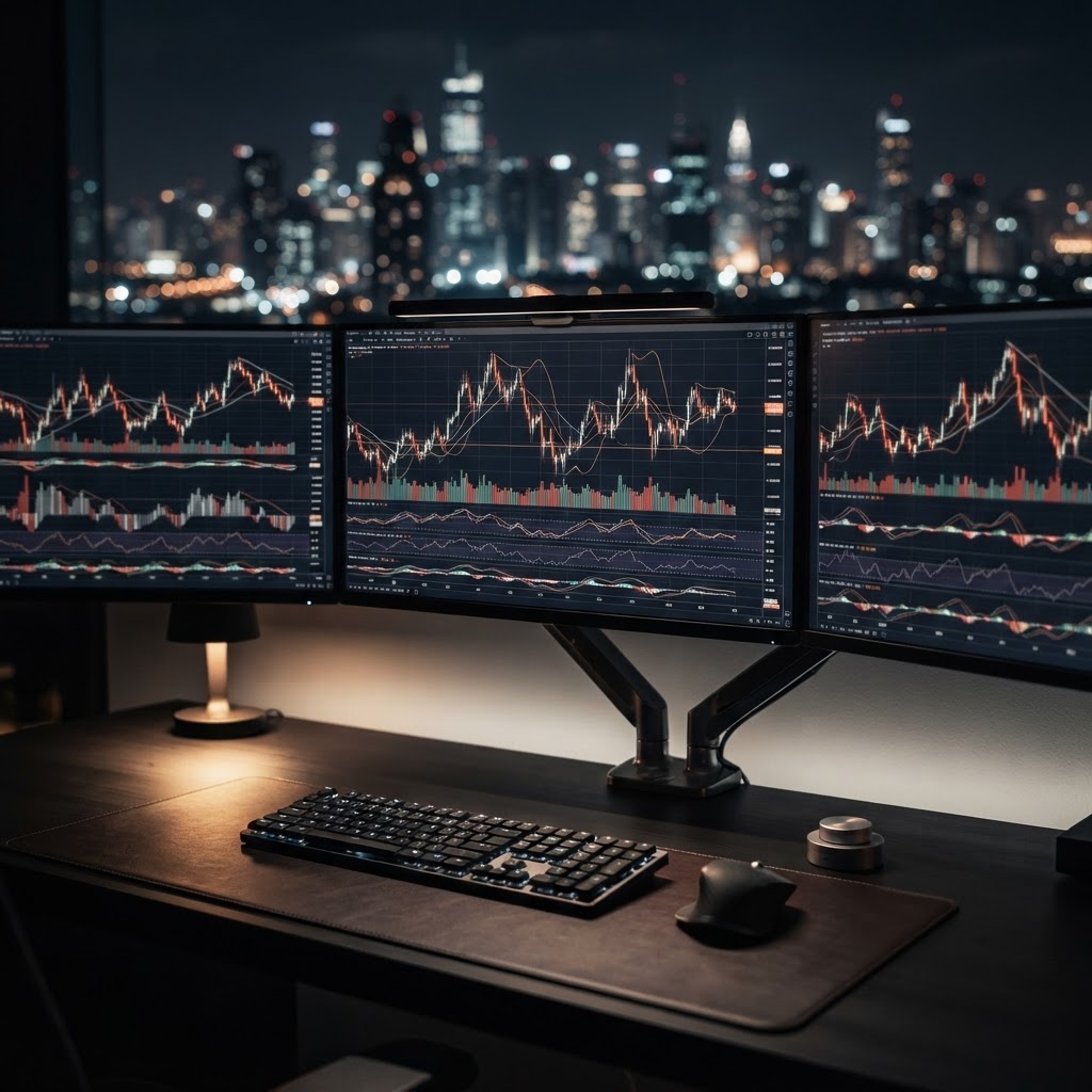 Ecrans de trading avec des graphiques boursiers dans un bureau professionnel.
