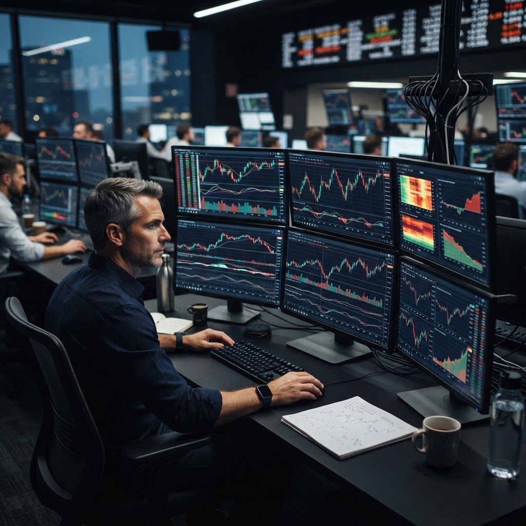 Espace de travail professionnel de trading avec écrans d'analyse technique