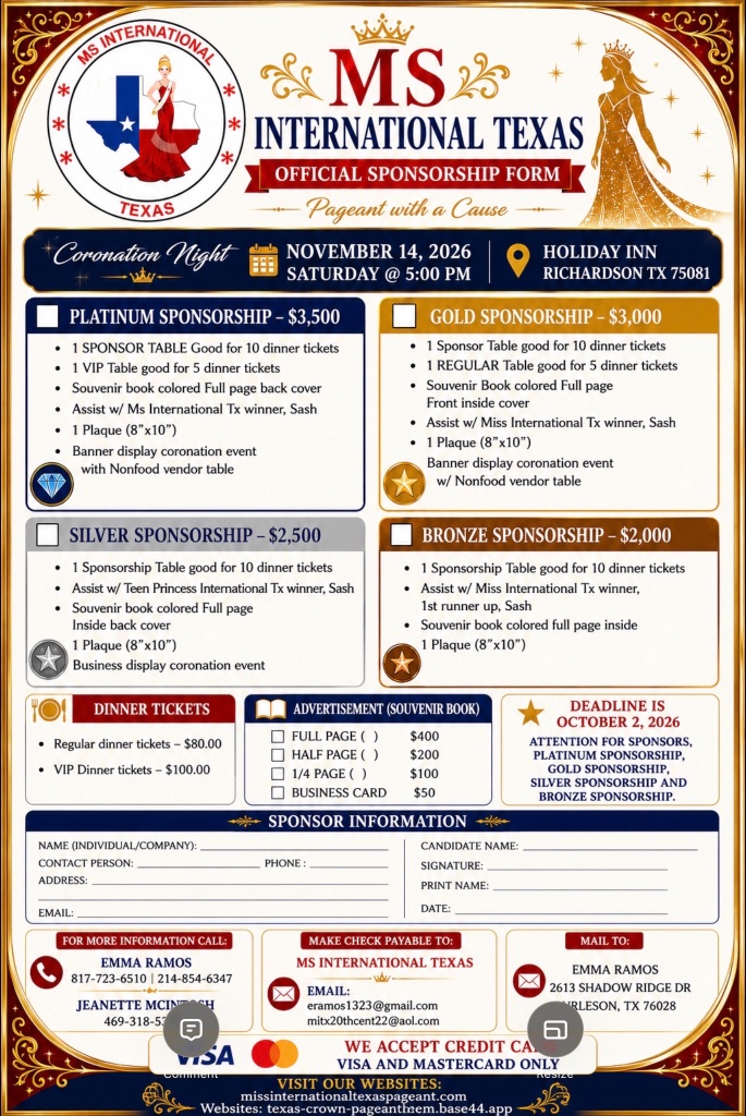 Ms International Texas Official Sponsorship Form
